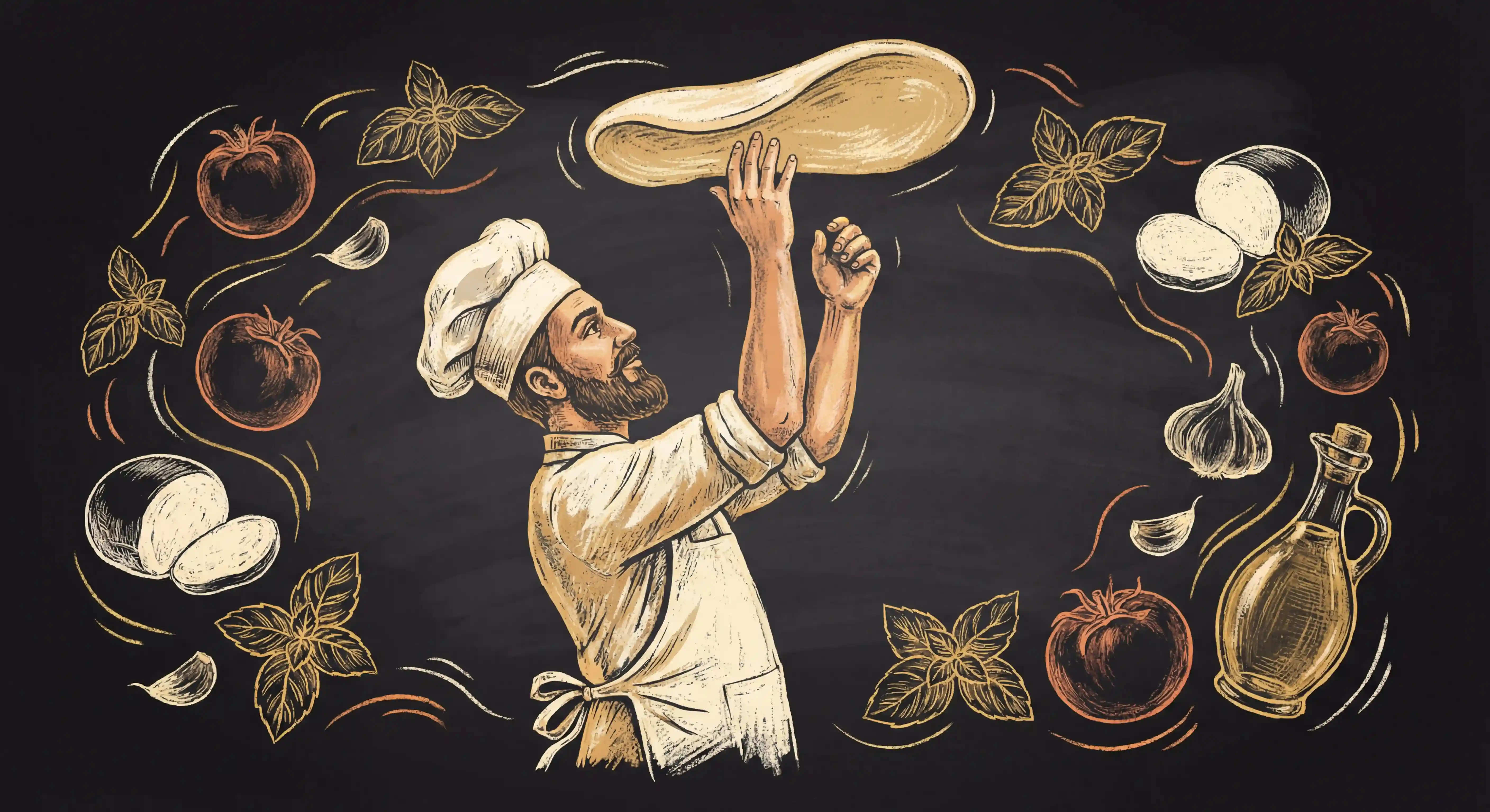 Pizzabäcker wirft Teig umgeben von frischen Zutaten